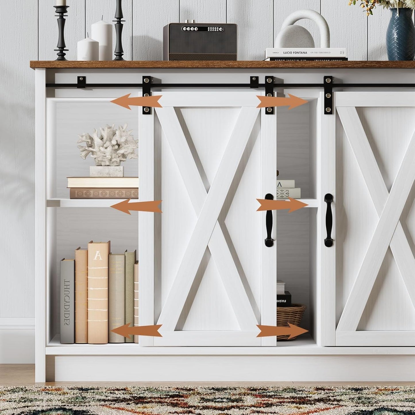 Coffee Bar Cabinet with Sliding Barn Doors, 42”Farmhouse Buffet Cabinet with Storage for Kitchen, Coffee Bar with Adjustable Shelf for Dining Room, White