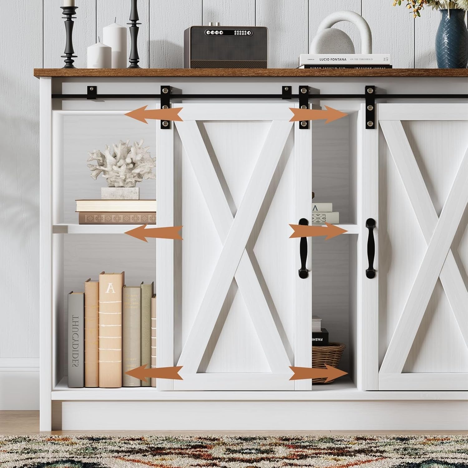 Coffee Bar Cabinet with Sliding Barn Doors, 42”Farmhouse Buffet Cabinet with Storage for Kitchen, Coffee Bar with Adjustable Shelf for Dining Room, White