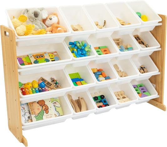Extra-Large Toy Organizer with 20 Plastic Bins – Natural/White Storage Rack with 4-Tier Shelves, Anti-Tip Safety, for Kids’ Rooms, Playrooms, Nurseries & Classrooms
