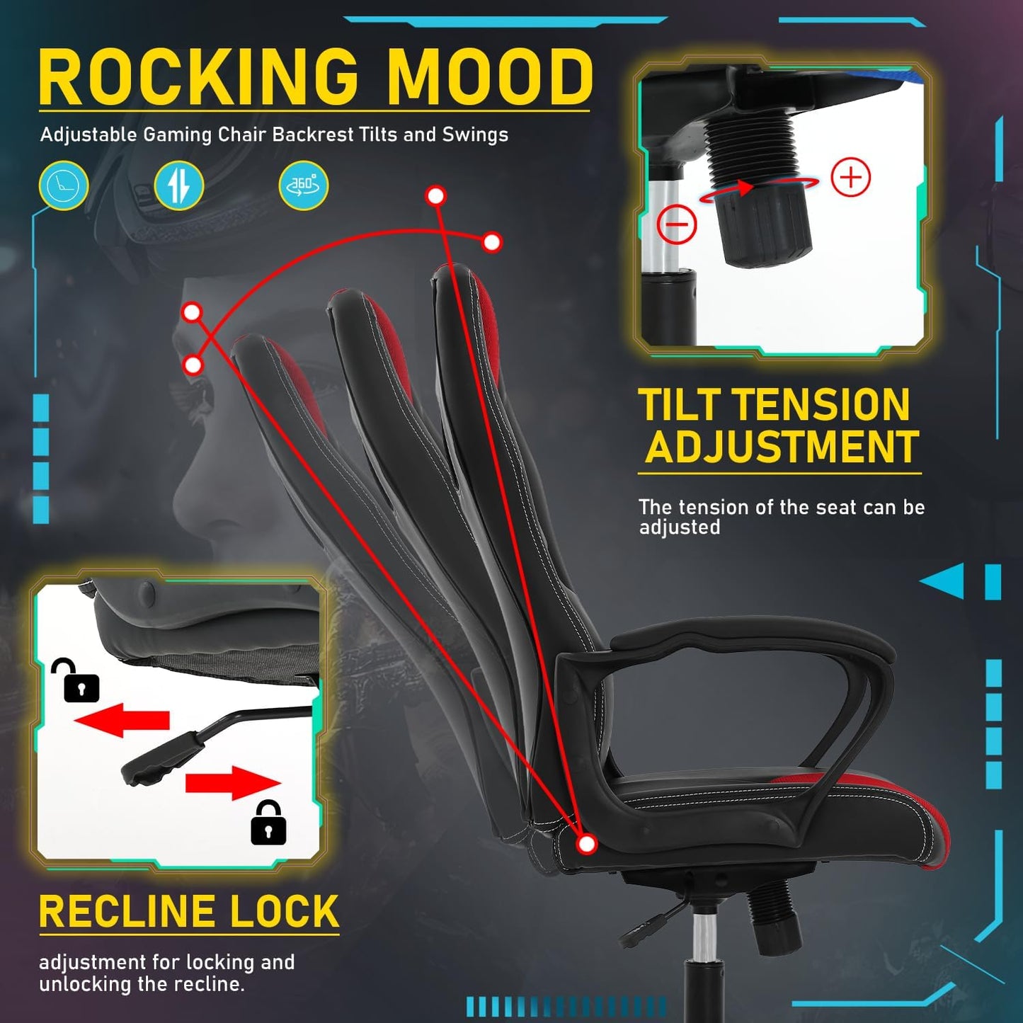 Video Game Chair, Gaming Chair Adjustable Swivel Office Chairs, Ergonomic Pu Leather PC Computer Chairs with Massage Lumbar Support 300Lbs Weight Capacity(Red)