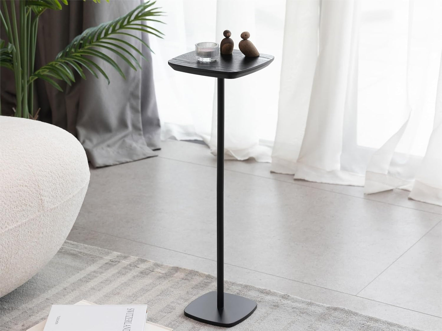 Small Pedestal Drink Table, Wooden Top Side Tables Martini Cocktail Drink Stand, Durable Square Tiny End Table Accent Table with Weighted Base for Living Room, Bedroom, Office, Small Spaces, Black