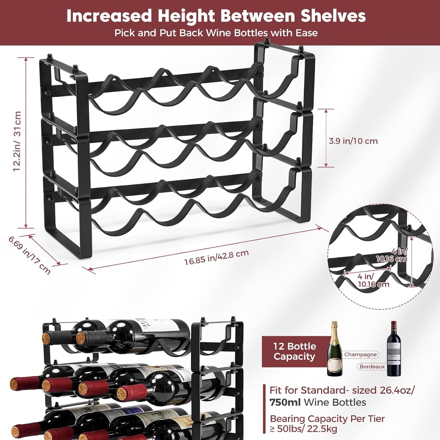 Stackable Wine Rack Countertop, 12 Bottles Wine Bottle Holder for inside Cabinet, Small Tabletop Wine Holder Stand for Pantry Bar, 3-Tier Angle Adjustable Wine Bottle Rack for Tight Spaces