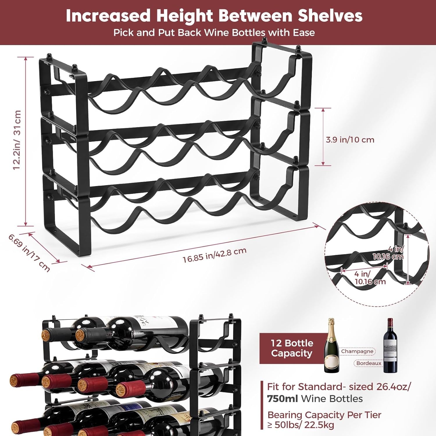 Stackable Wine Rack Countertop, 12 Bottles Wine Bottle Holder for inside Cabinet, Small Tabletop Wine Holder Stand for Pantry Bar, 3-Tier Angle Adjustable Wine Bottle Rack for Tight Spaces