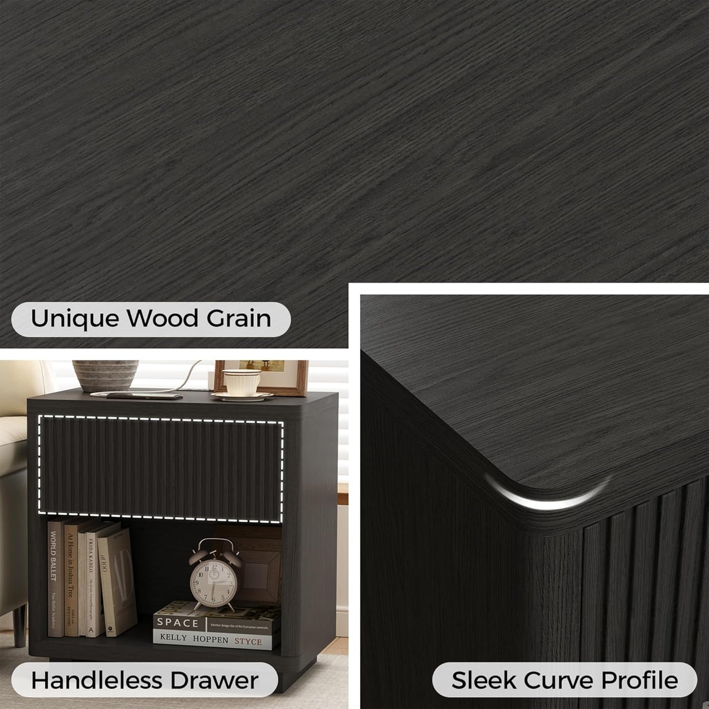 24" Wide Night Stands for Bedrooms Set of 2 with Charging Station, Wood Fluted Nightstand Set of 2 with Drawer and Outlet, 2Pcs Bedside Table for Bedroom