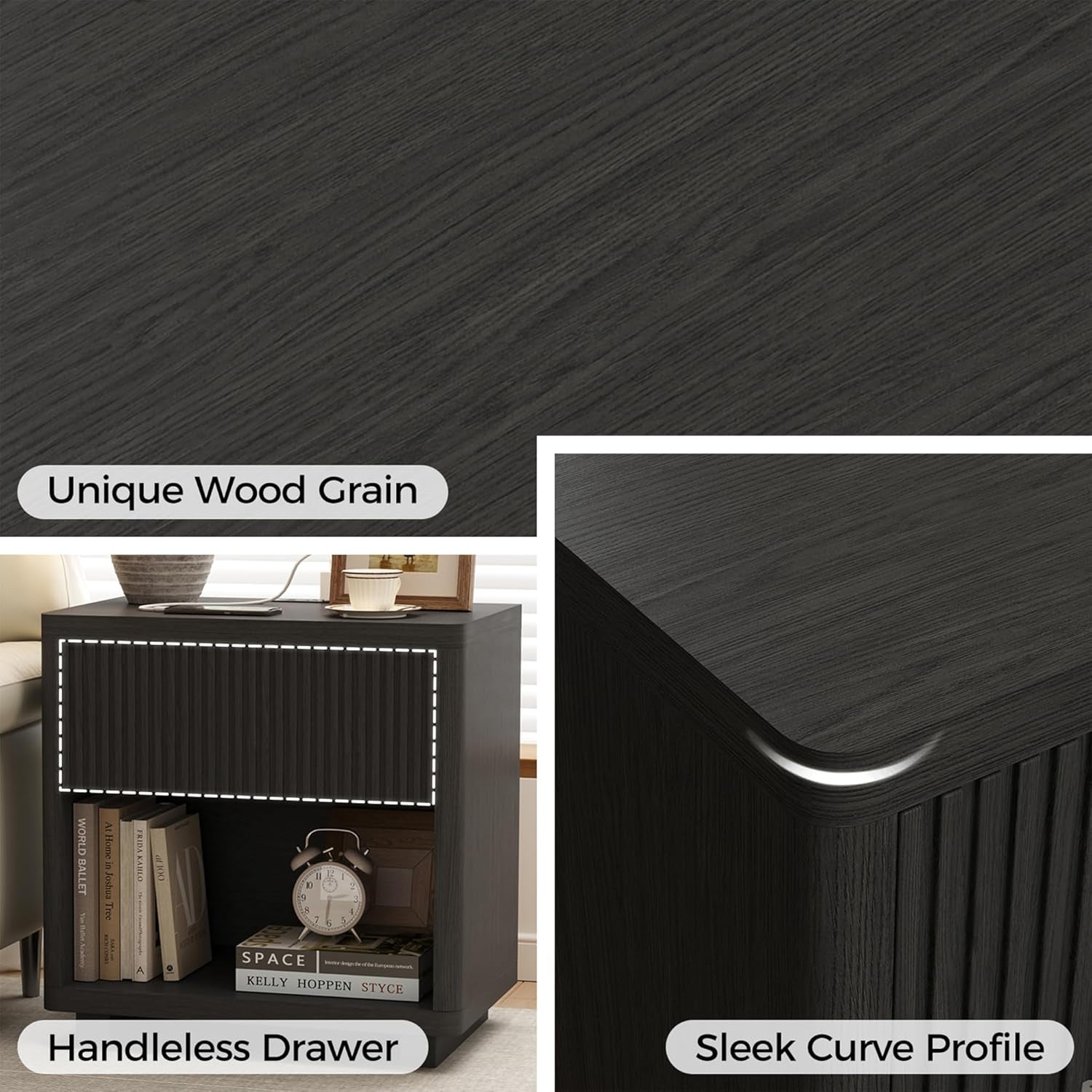 24" Wide Night Stands for Bedrooms Set of 2 with Charging Station, Wood Fluted Nightstand Set of 2 with Drawer and Outlet, 2Pcs Bedside Table for Bedroom