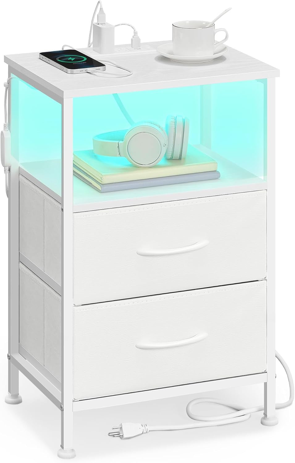 BELLAH Collection - Nightstand with Charging Station and App-Controlled Adjustable LED Lights, Bed Side Table, 2 Drawer and 1 Open Shelf, Bedroom, Cloud White and Snow White ULGS302WH01S