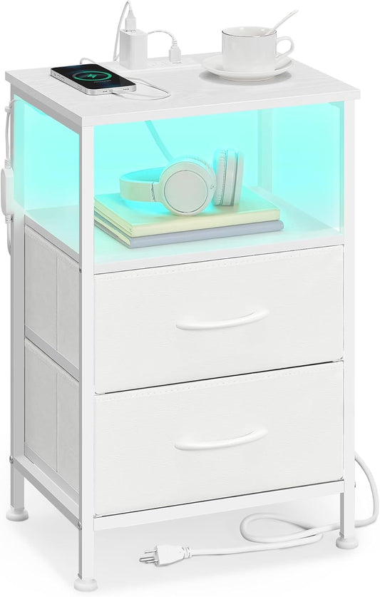 BELLAH Collection - Nightstand with Charging Station and App-Controlled Adjustable LED Lights, Bed Side Table, 2 Drawer and 1 Open Shelf, Bedroom, Cloud White and Snow White ULGS302WH01S