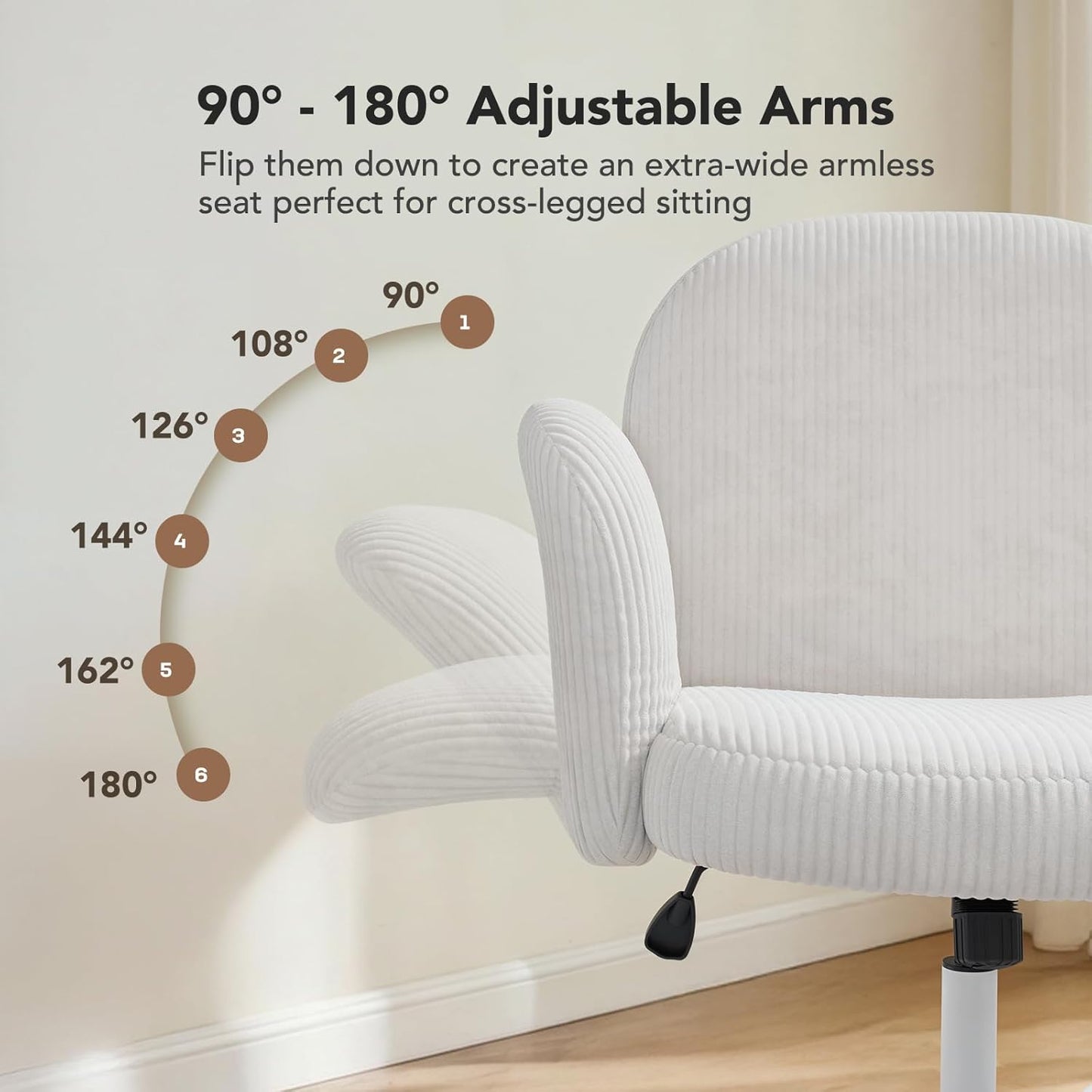 Criss Cross Office Chair for Women, Cross Legged Desk Chair with Adjustable Armrests, Soft Corduroy Fabric for Small Spaces, Petite Home Office Computer Chair for Girls, White