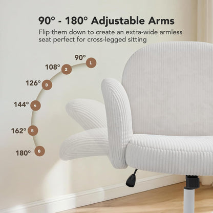 Criss Cross Office Chair for Women, Cross Legged Desk Chair with Adjustable Armrests, Soft Corduroy Fabric for Small Spaces, Petite Home Office Computer Chair for Girls, White