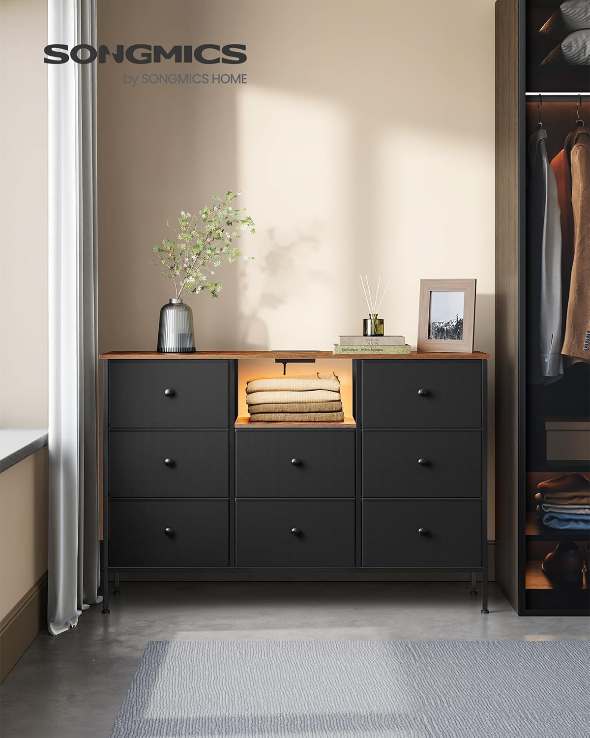 Dresser for Bedroom, Fabric Dresser with Power Outlets and LED Lights, TV Stand for up to 60 Inch Tvs, 25 Colors, 11.8 X 47.2 X 31.3 Inches, Ink Black and Rustic Brown ULTS518B01