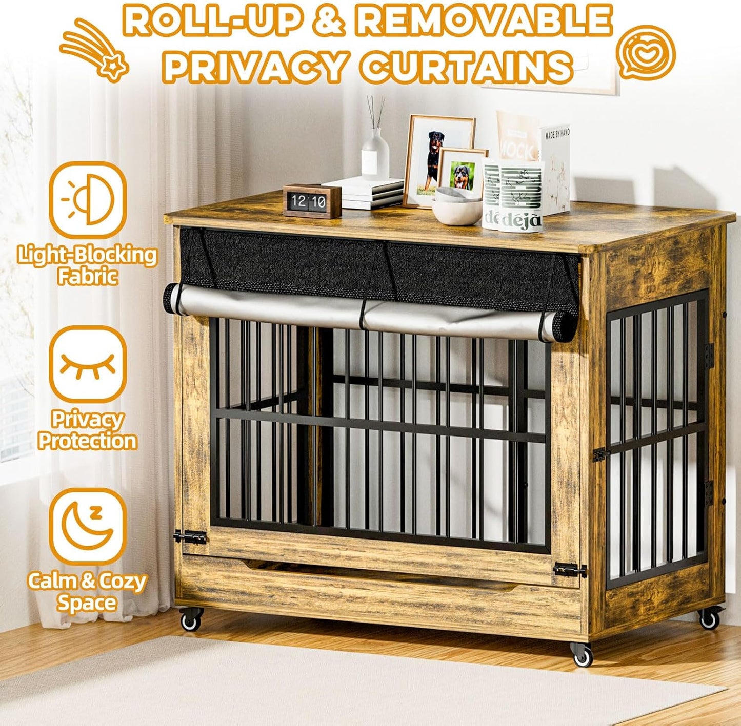 38" Dog Crate Furniture, Double Door Wooden Indoor Dog Kennel Furniture, Decorative Pet Cage End Table with Wheels for Large and Medium Breed Dogs, Size L, Rustic Brown