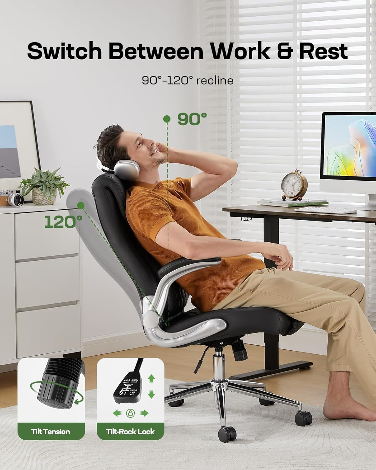 Ergonomic Pu-Leather Office Chair: 5 Settings Lumbar Support, Executive Office Chair Height Adjustable with Padded Flip-Up Arms, Executive Desk Chair for Working Study-Black