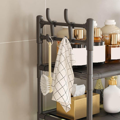 2-Tier over the Toilet Storage,Freestanding Metal Bathroom Shelves with 4 Hooks,Adjustable Shelf and Basket,Freestanding Space Saver Bathroom Shelves above Toilet for Room Black，Black