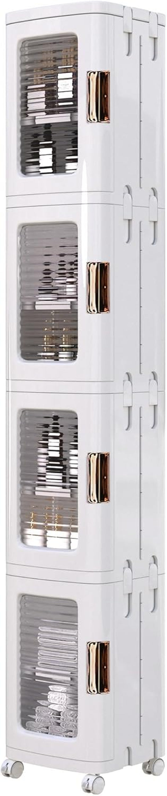 4-Tier Tall Narrow Storage Cabinet with Movable Wheels, Adjustable Shelves, Anti-Tip, Slim, for Small Space, Bathroom, Kitchen, Laundry, White | 4-Tier, Movable Wheels, Adjustable Shelves, Magnetic Doors, Slim