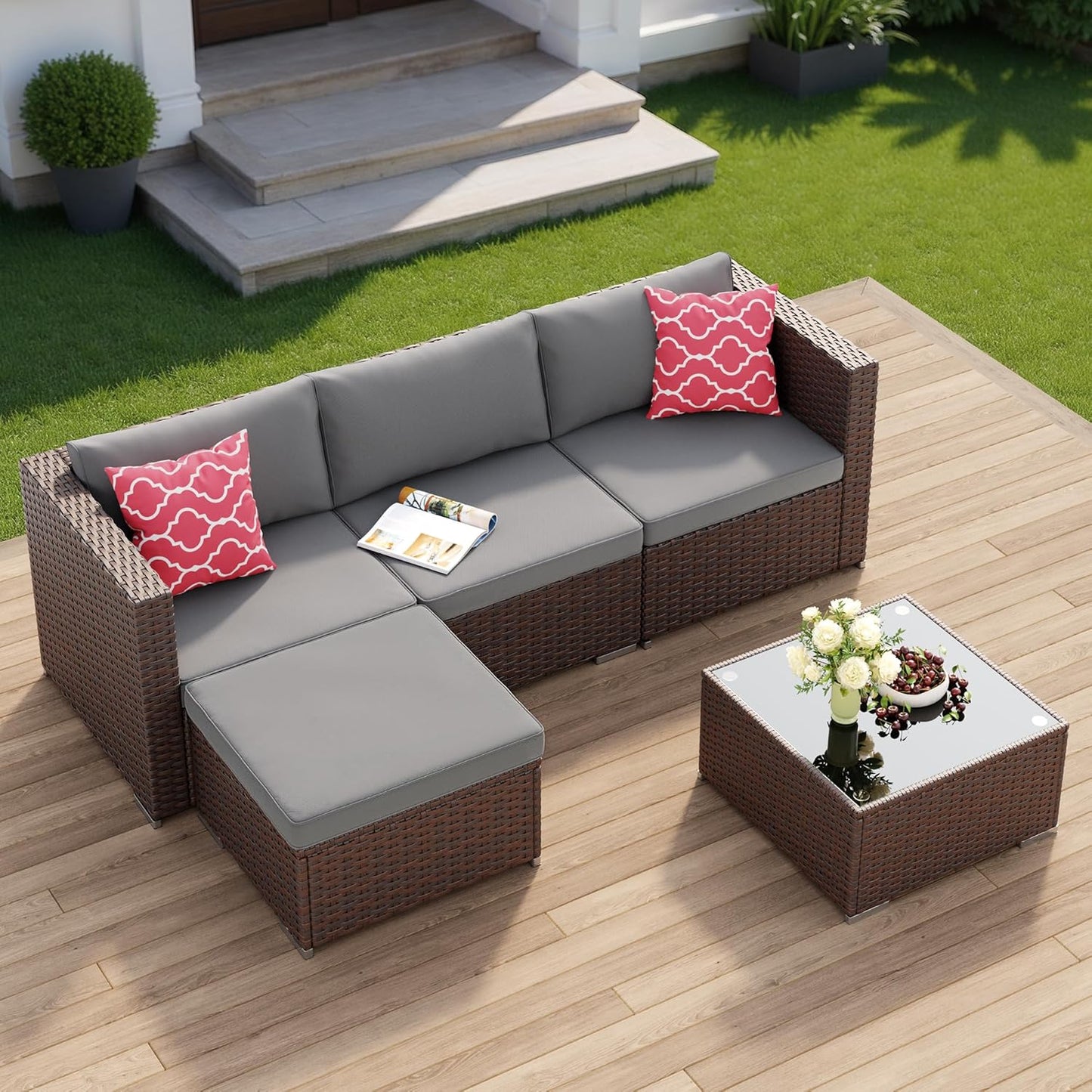5 Pieces Patio Furniture Set All-Weather Outdoor Wicker Sectional Patio Furniture with Cushion and Glass Table (Grey)