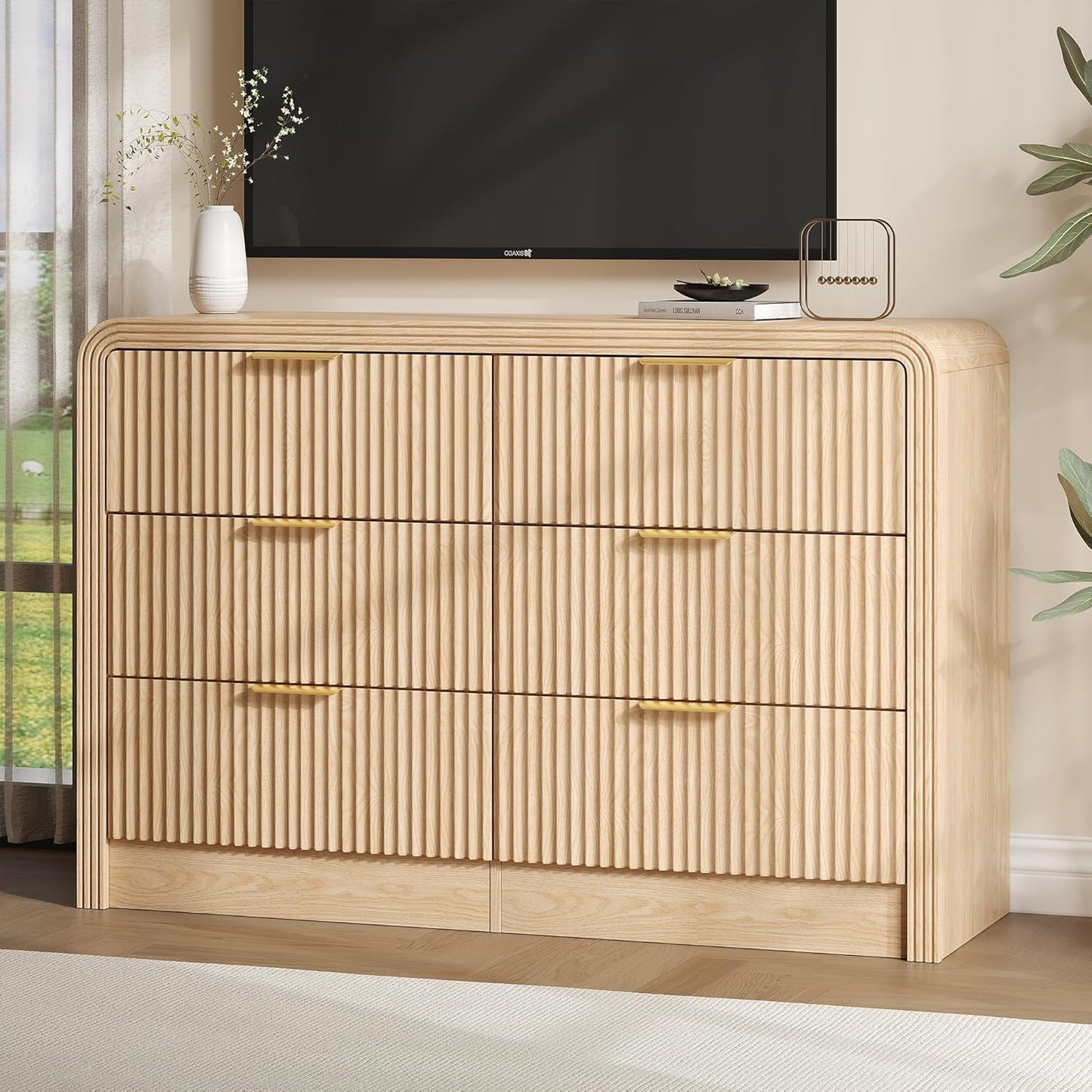 Fluted Drawers Dresser for Bedroom, Wood Dressers with Gold Handles, Modern Dressers with Wave Texture, Large Storage Chest of Drawers, Bedroom Dresser Organizer 47'' & 6 Drawers (Natural Oak)