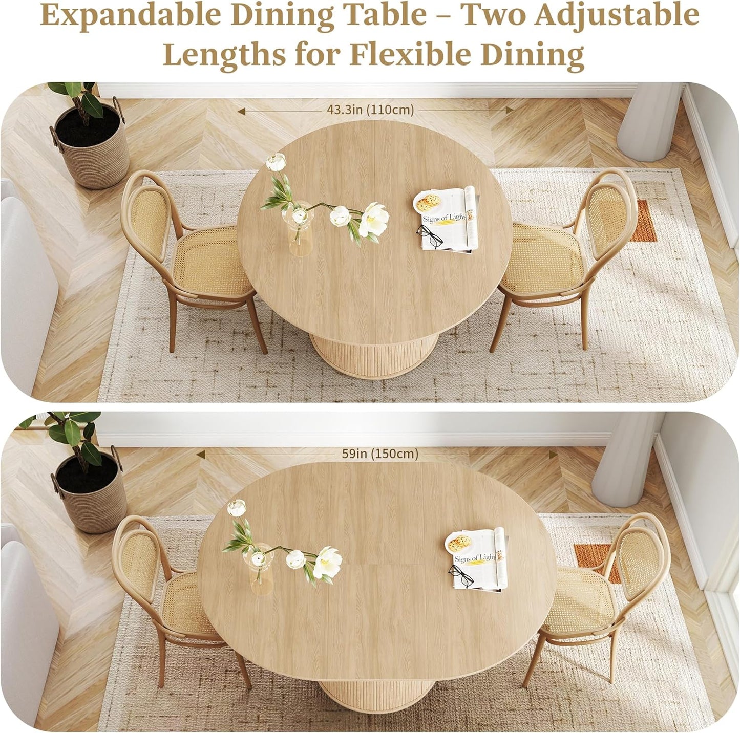43"-59" Extendable round to Oval Dining Table with Hidden Storage, Modern Wooden Kitchen Table with Fluted Sliding Door Cabinet, Expandable Dinner Table for Dining Room Living Room (Natural)