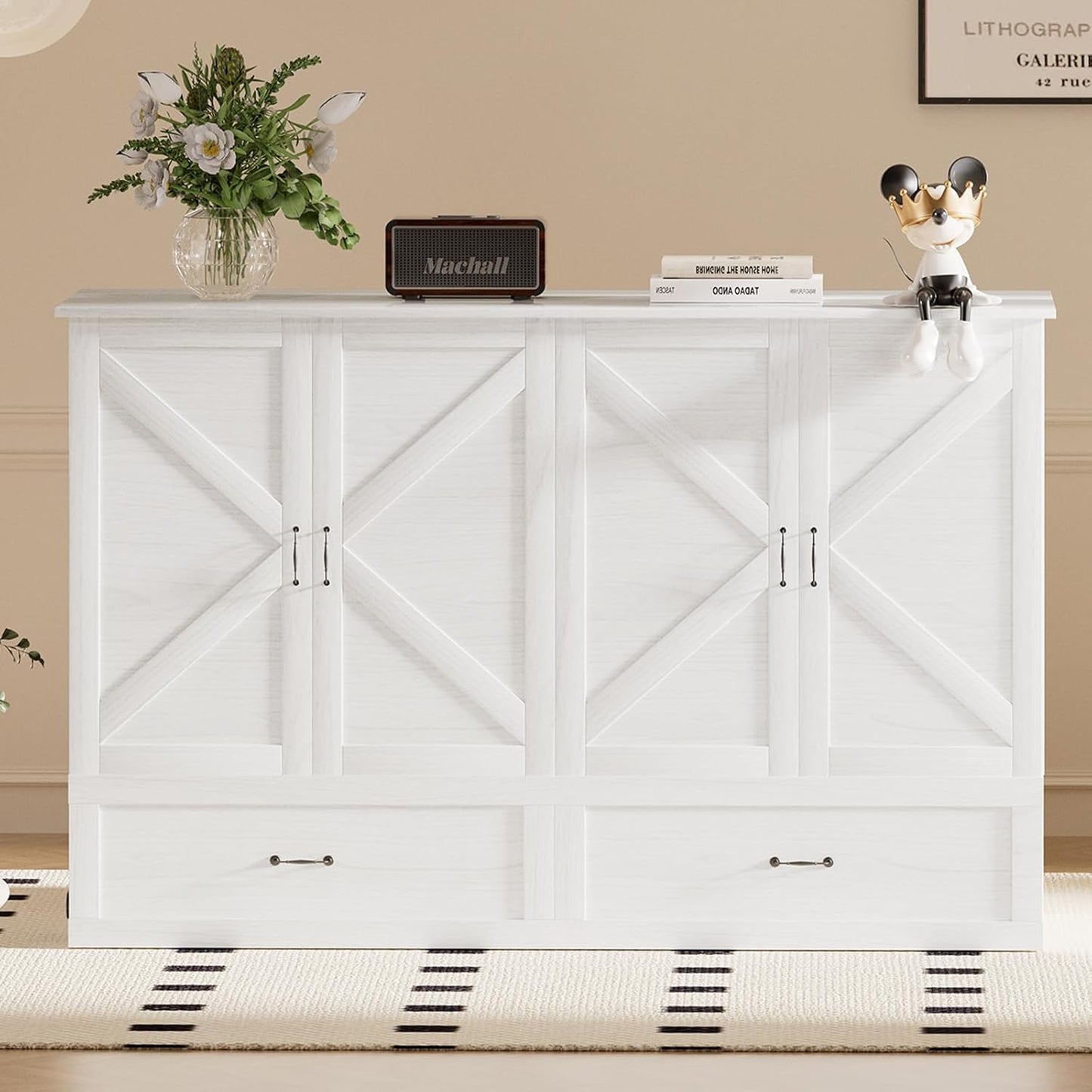 63" W Murphy Bed with Tri-Folding Mattress, Queen Cabinet Bed with Built-In Charging Station & Drawer Storage for Living Room, Apartment, Office, Home, Bedroom, White