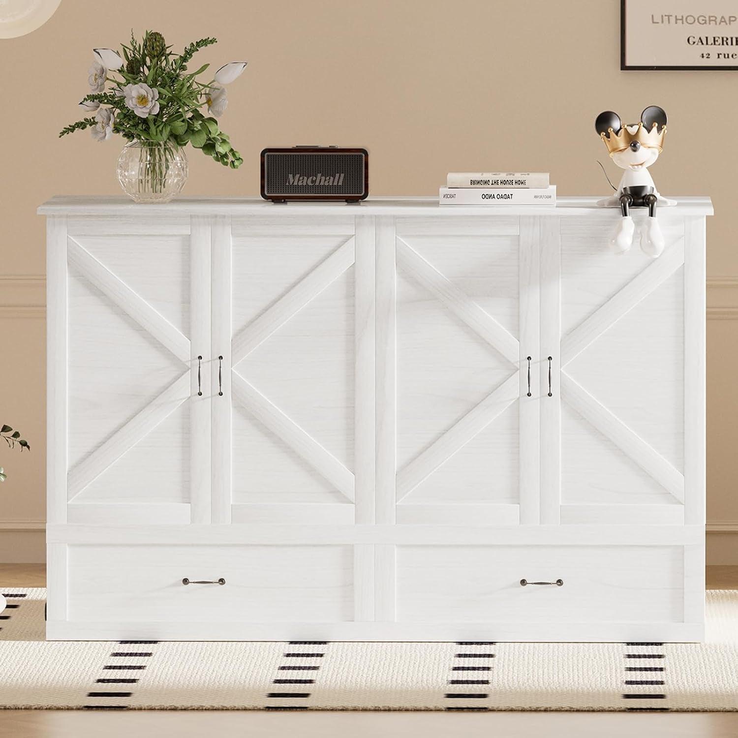63" W Murphy Bed with Tri-Folding Mattress, Queen Cabinet Bed with Built-In Charging Station & Drawer Storage for Living Room, Apartment, Office, Home, Bedroom, White