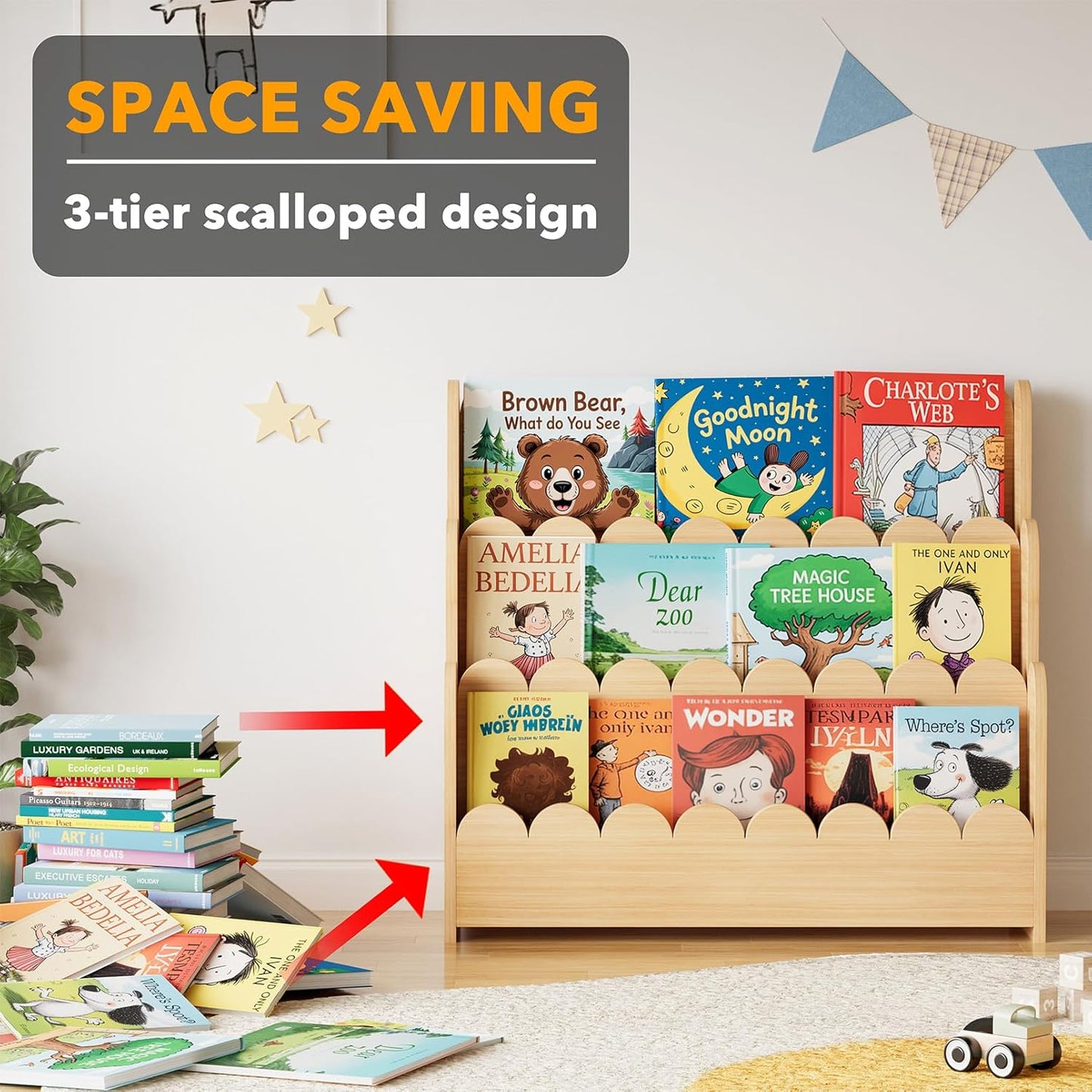 3-Tier Scalloped Bookshelf, Montessori Bookcase for Toddlers, Wooden Book Shelf Organizer Display Furniture for Kids Rooms, Playroom, Nursery and Classroom, Natural