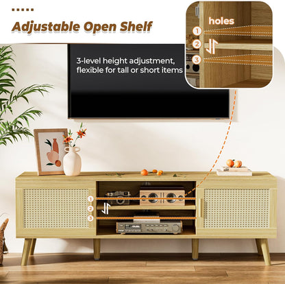 Boho TV Stand for 65 Inch TV, Entertainment Center with Adjustable Shelf, Rattan TV Console with 2 Cabinets, Media Console, Solid Wood Feet, 4 Cord Holes, for Living Room - Natural, 8782T
