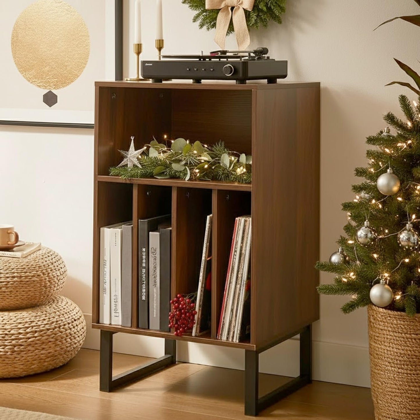 Record Player Stand with Vinyl Storage Cabinet, Turntable Table for Albums & Lps - Modern Media Console | Furniture for Living Room, Bedroom & Office | Dark Walnut