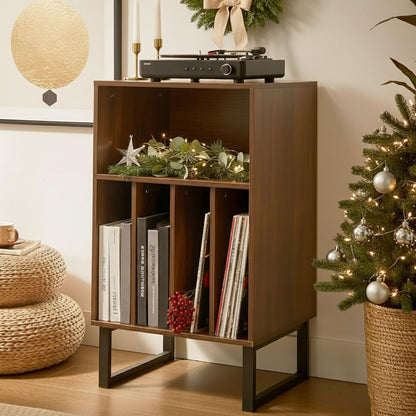 Record Player Stand with Vinyl Storage Cabinet, Turntable Table for Albums & Lps - Modern Media Console | Furniture for Living Room, Bedroom & Office | Dark Walnut