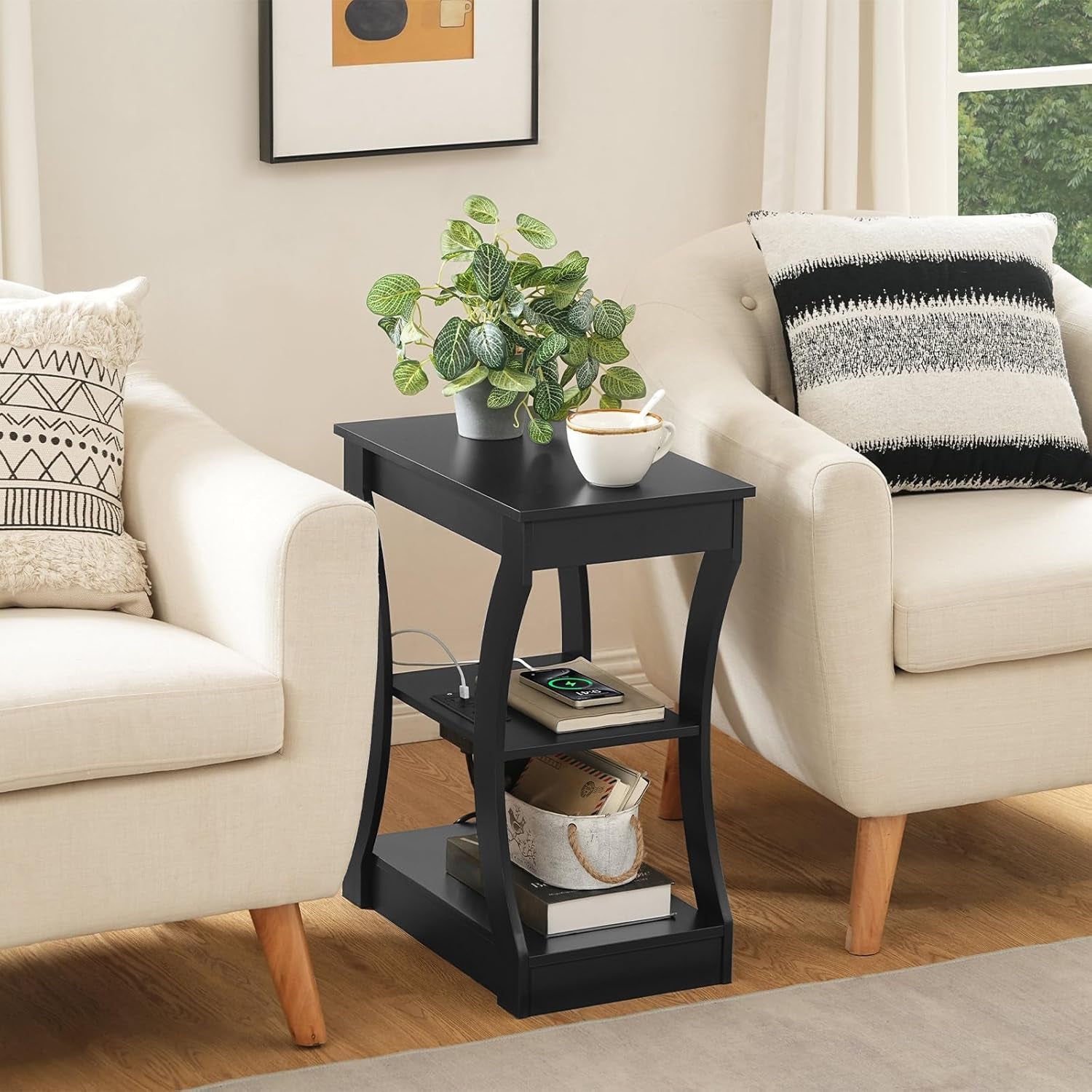 Black End Table with Charging Station, Skinny Side Table with USB Ports and Outlets, Nightstand, 3 Tier Bedside Table with Storage Shelf for Living Room, Bedroom, Small Space ETBK53E01