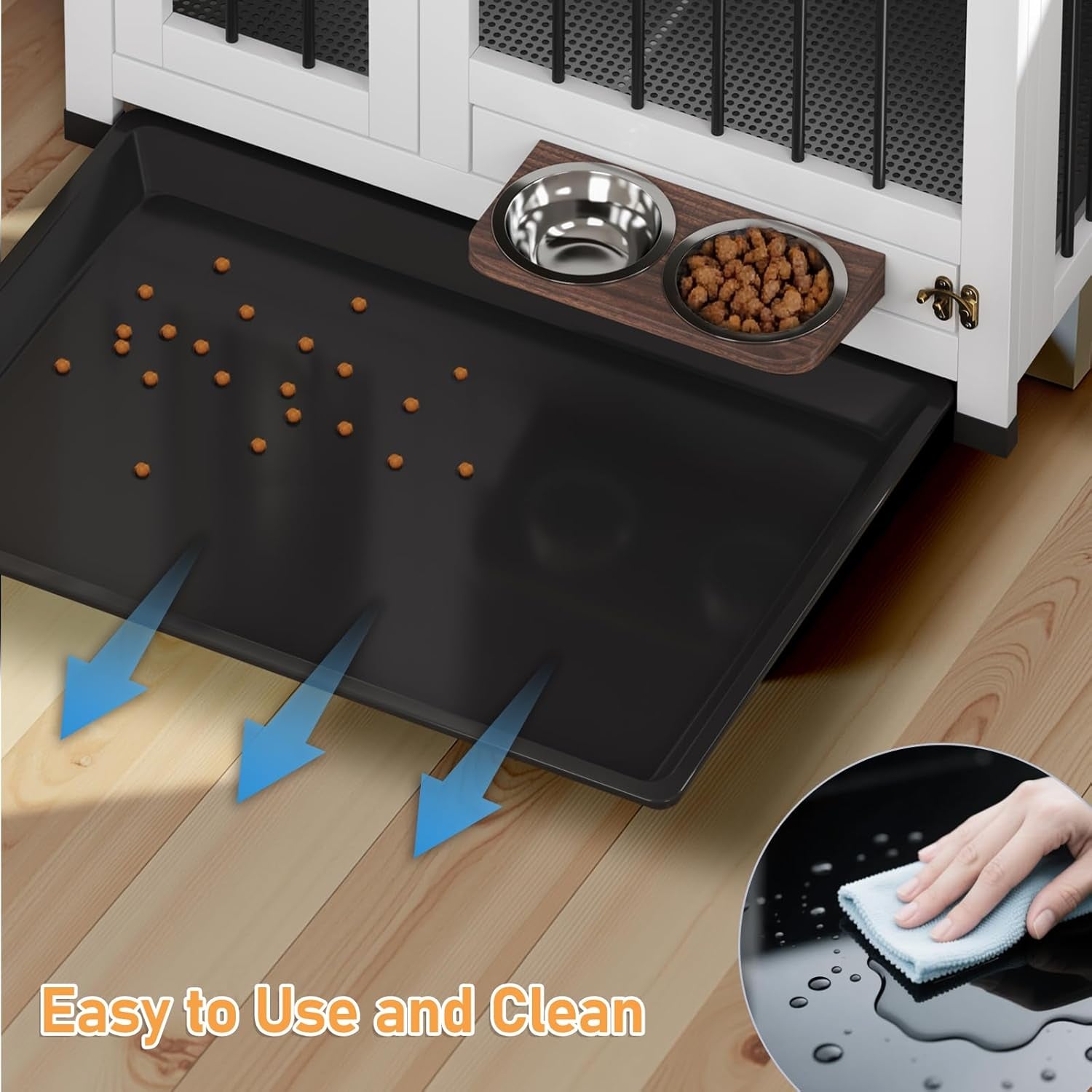 Dog Crate Furniture - 31.5" Wooden Dog Cage with Removable Tray & 360° Rotating Feeder | Decorative Dog Kennel Indoor | Multi-Functional End Table for Medium & Small Dogs | Portable Pet Crate