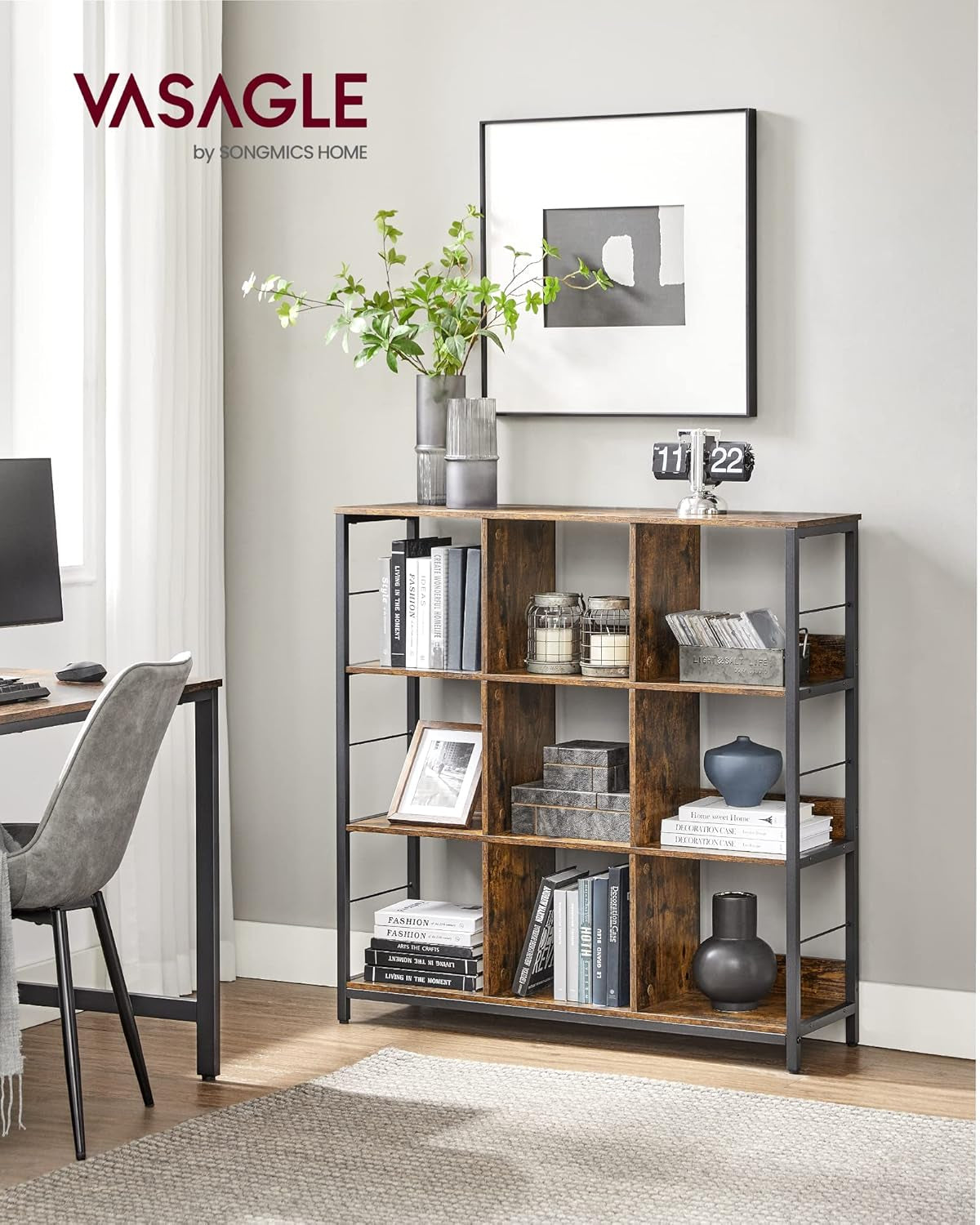 Bookshelf, Cube Shelf, Console Table, TV Stand with 6 Storage Cubes, for Office, Living Room, Bedroom, 13 X 47.2 X 31.5 Inches Industrial Design, Rustic Brown and Black ULLS104B01