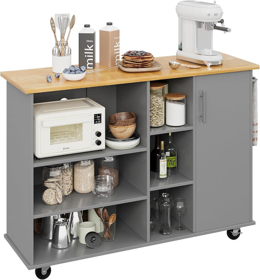 47”W Kitchen Storage Island Cart with 6 Open Shelves and 1 Cabinet, Portable Trolley Cart with Wood Work Top and Handle/Towel Rack, Gray