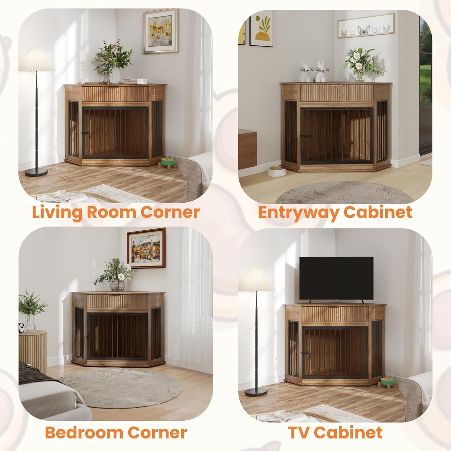 Corner Dog Crate Furniture with Fluted Storage Drawer, 44.6'' Wooden Dog Kennel End Table for TV Stand, Furniture Style, Corner Space-Saving Dog Cage for Small Medium Dog, Walnut