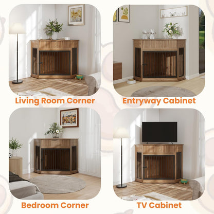 Corner Dog Crate Furniture with Fluted Storage Drawer, 44.6'' Wooden Dog Kennel End Table for TV Stand, Furniture Style, Corner Space-Saving Dog Cage for Small Medium Dog, Walnut