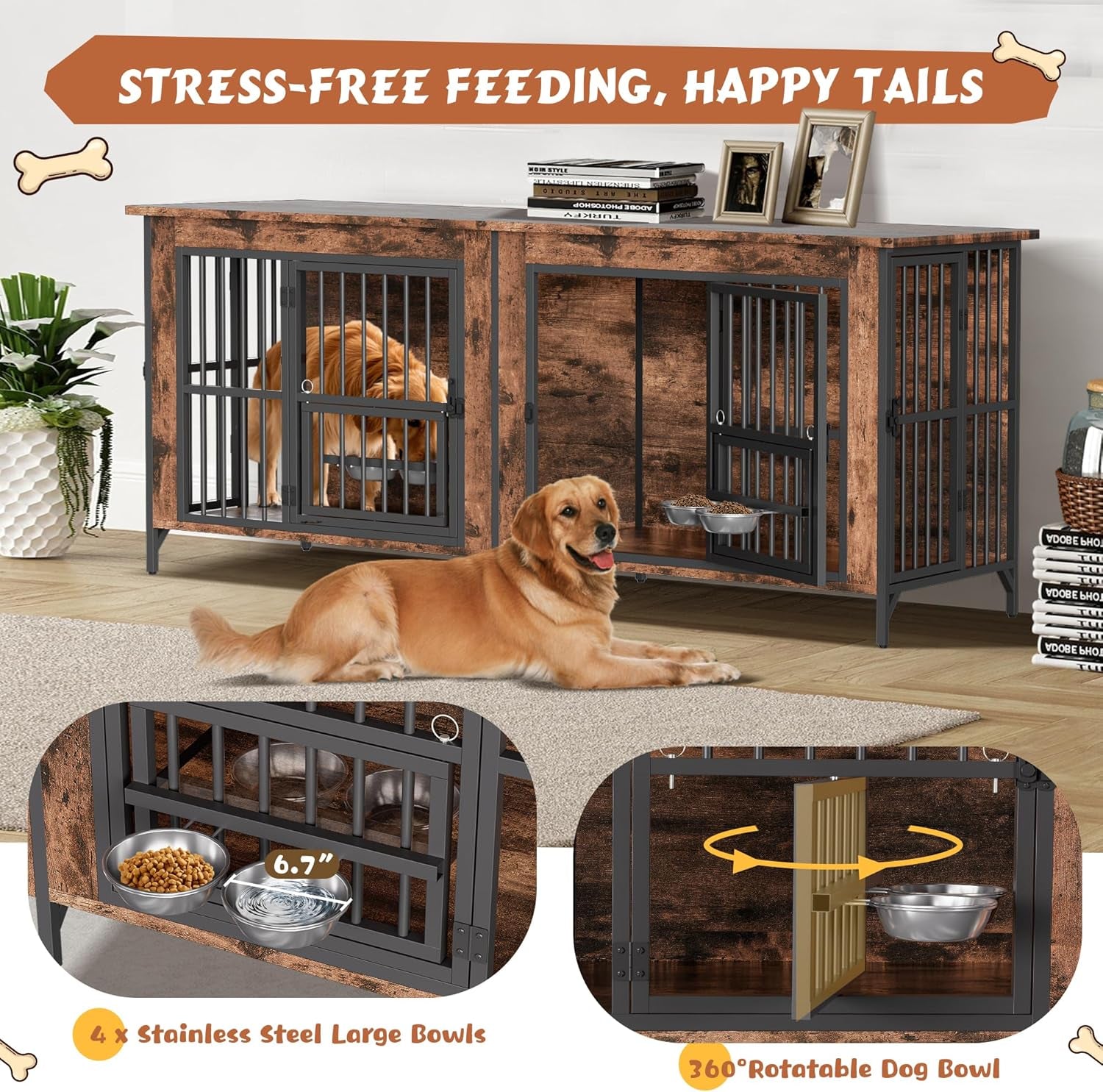 63'' Double Dog Crate Furniture for 2 Dogs, Wooden Dog Kennel with Removable Divider, XL Dog House Indoor with Rotating Bowl Holders, Heavy Duty Dog Crate TV Stand (62.9" X 23.6" X 27.9")