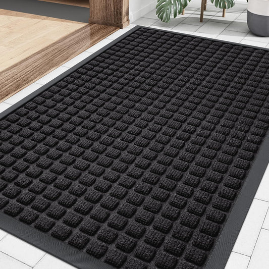 Front Door Mat outside Entrance, Heavy Duty Natural Rubber Doormat, Non Slip, Trap Dirt and Moisture, Easy Clean, Low Profile Welcome Floor Mats for Indoor Outdoor Entry, 29.5X17 Inch, Black
