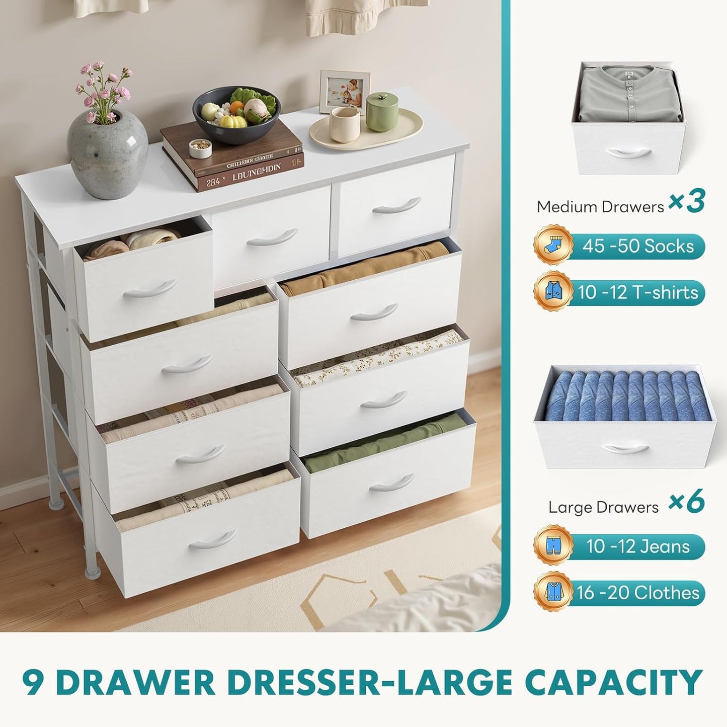 9 Drawer Storage Dresser with Wood Top - Wide Fabric Chest Organizer for Bedroom, Closet, Living Room,Tower Cabinet, TV Stand, Hallway Entryway Furniture,Bright White