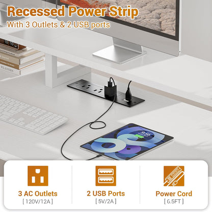 Computer Desk with 3 Drawers, Home Office Desk with File Drawer & Power Outlet, 59'' Gaming Desk with Led Lights, Long Work Desk with Storage Shelves, Printer Cabinet and Monitor Shelf, White