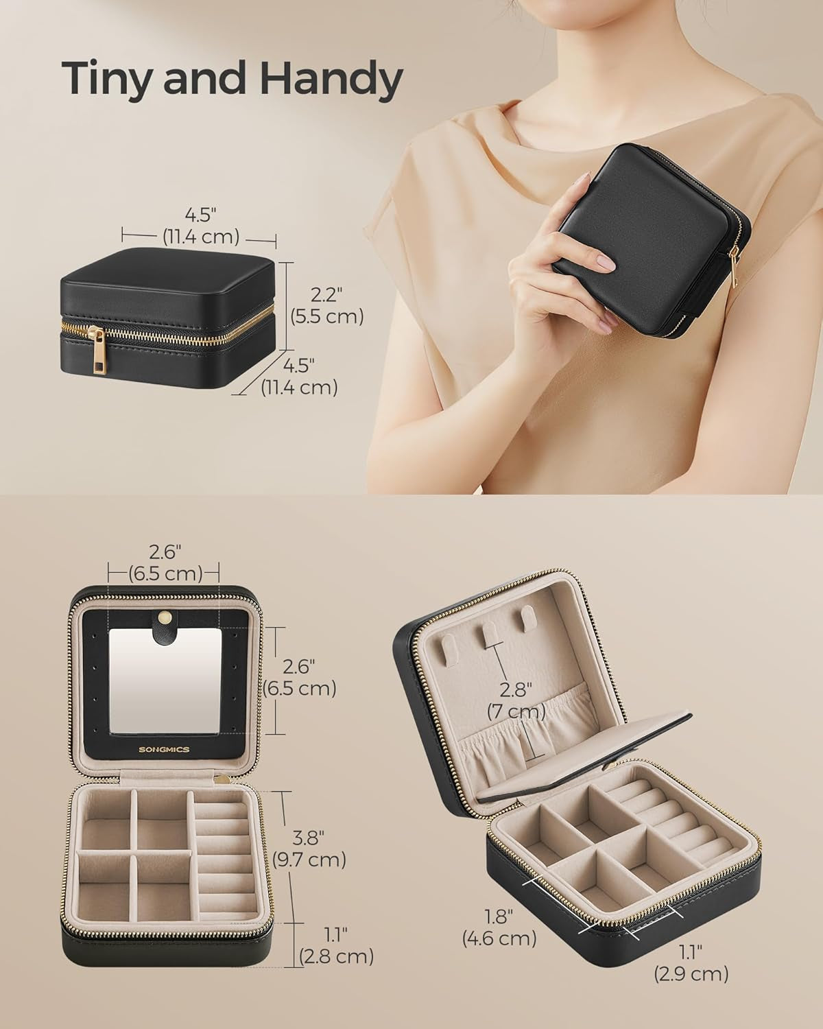 Jewelry Box, 4.5 X 4.5 X 2.2 Inches Travel Jewelry Box with Interior Mirror, PU Leather Jewelry Storage for Women, Small Jewelry Organizer, Portable, Gift Idea, Ink Black UJBC146BKV1