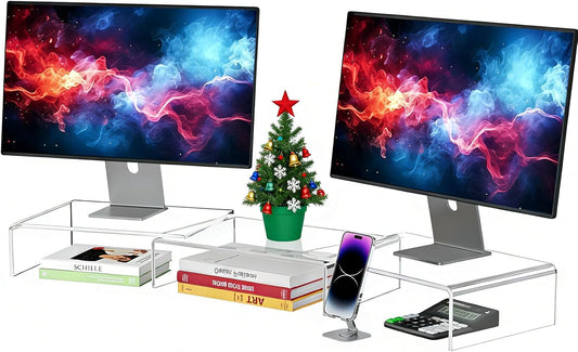 Clear Acrylic Monitor Stand Riser, 3 Shelves Adjustable Dual Monitor Stand with Anti-Slip Mat, Premium Desk Organizer for Home Office, Laptops, Pcs, Printers, Tvs
