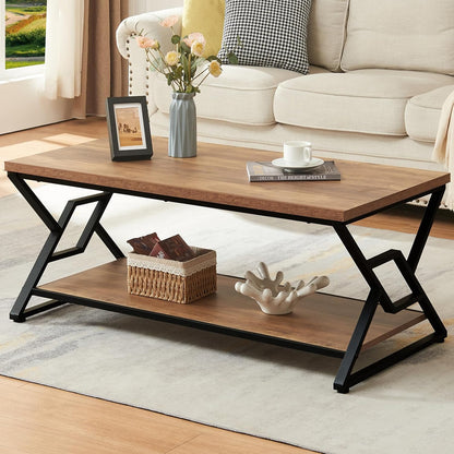 Coffee Table, Rustic Rectangle Coffee Table with 2-Tier Storage, Engineered Wood Center Table with Open Shelves, Minimalist Coffee Table for Living Room, 47 Inch, Oak Brown