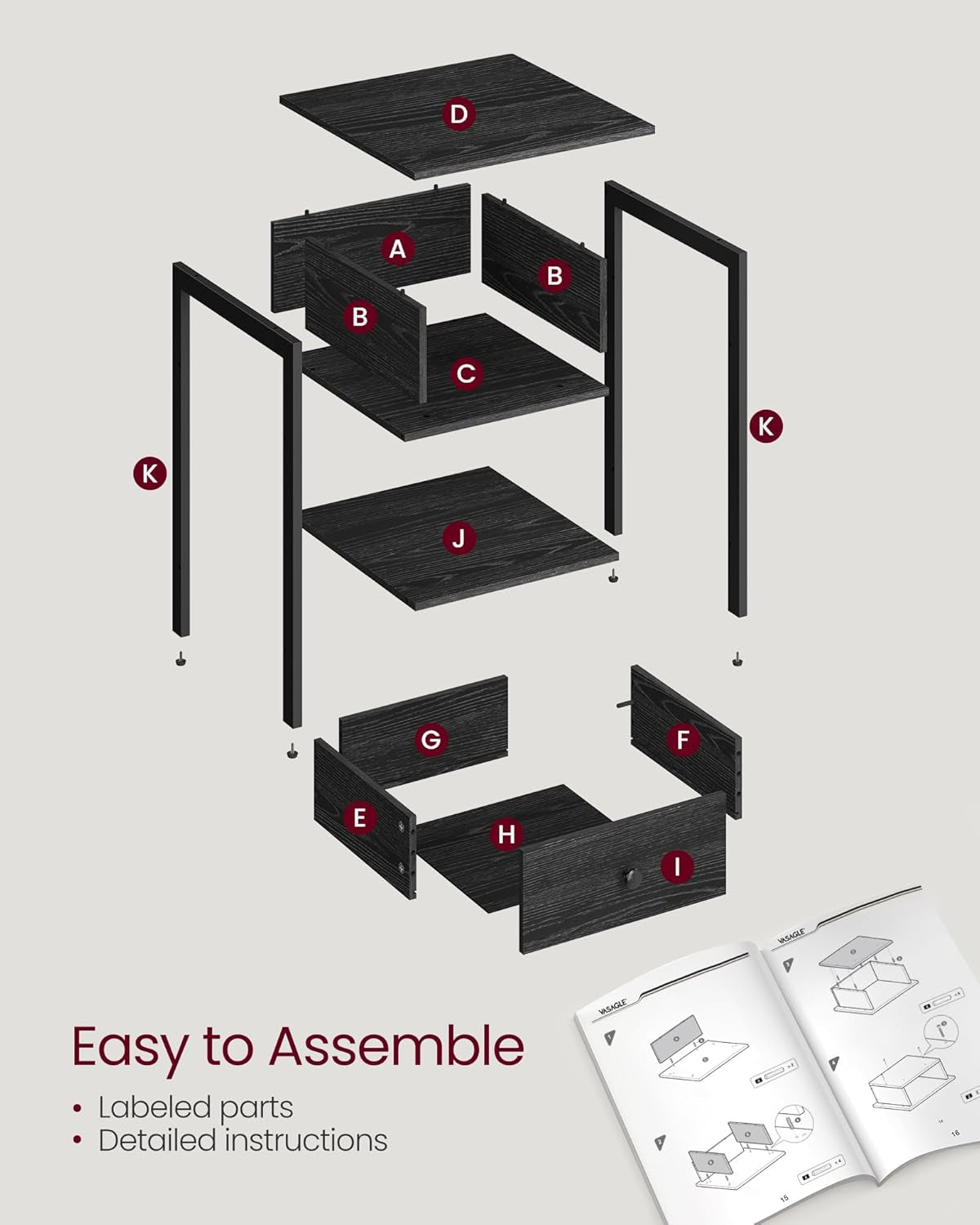 Nightstand, End Table, Side Table with Drawer and Shelf, 15.7 X 15.7 X 21.7 Inches, Bedroom, Steel Frame, Easy Assembly, Modern, Ebony Black ULET055B56