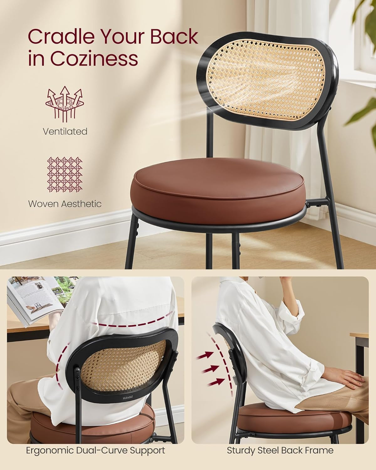 Dining Chairs, Set of 4 Accent Chair for Dining Room Kitchen, with Boho PE Rattan Back, Synthetic Leather Upholstery, Ink Black ULDC160B24