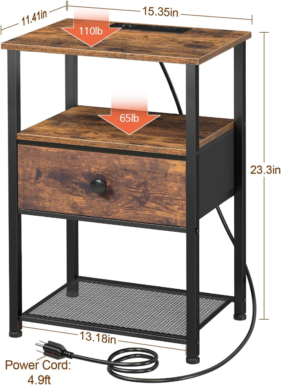 Night Stand Set 2, Nightstand with Charging Station, End Tables Living Room with Fabric Drawer for Small Spaces, Bed Side Tables with Storage Shelf for Bedroom, Rustic Brown HETS010PBR