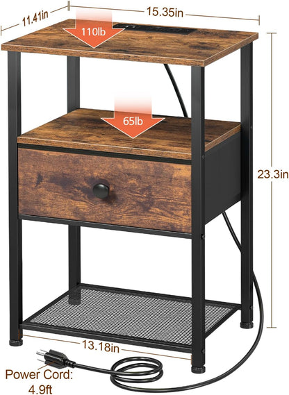 Night Stand Set 2, Nightstand with Charging Station, End Tables Living Room with Fabric Drawer for Small Spaces, Bed Side Tables with Storage Shelf for Bedroom, Rustic Brown HETS010PBR