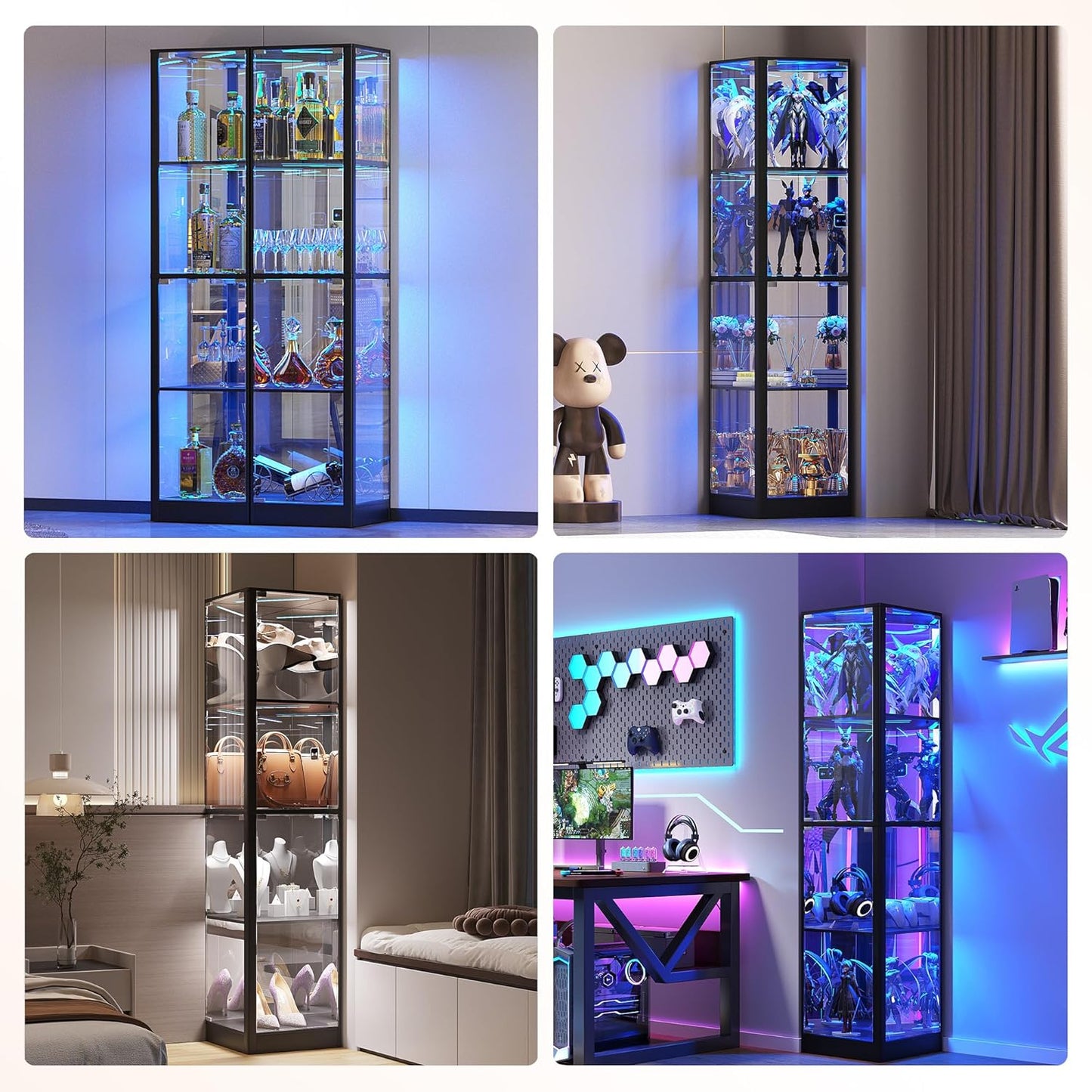 Corner Display Cabinet with Glass Doors, 68" Display Case with LED Lights, 4-Tier Curio Cabinets for Collectibles, Toys, Books, Modern Storage Cabinet, Black