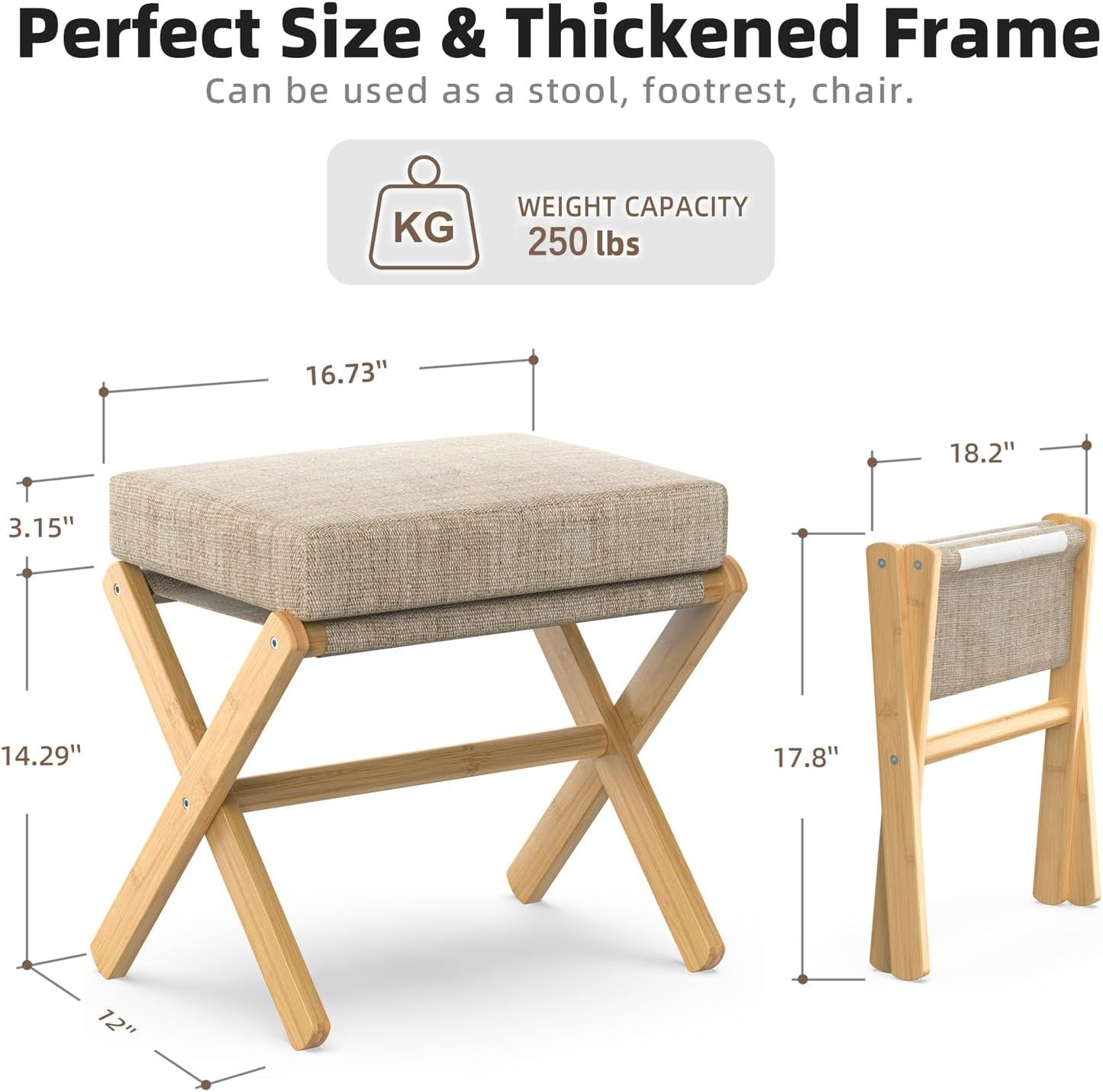 Foldable Foot Stool Ottoman, Modern Foot Rest with Bamboo X Legs & Thick Foam Cushion, Folding Foot Stools Small Padded for Bedroom Living Room, Footstool for Chair Couch (Natural - Brown)