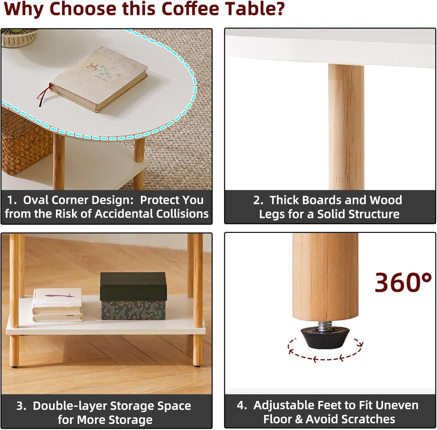 Oval Coffee Table White, Small Wooden Coffee Table for Small Space, Tea Table Stand 35 * 16 * 17 Inches, 2 Tier Center Table for Living Room White YD-012W