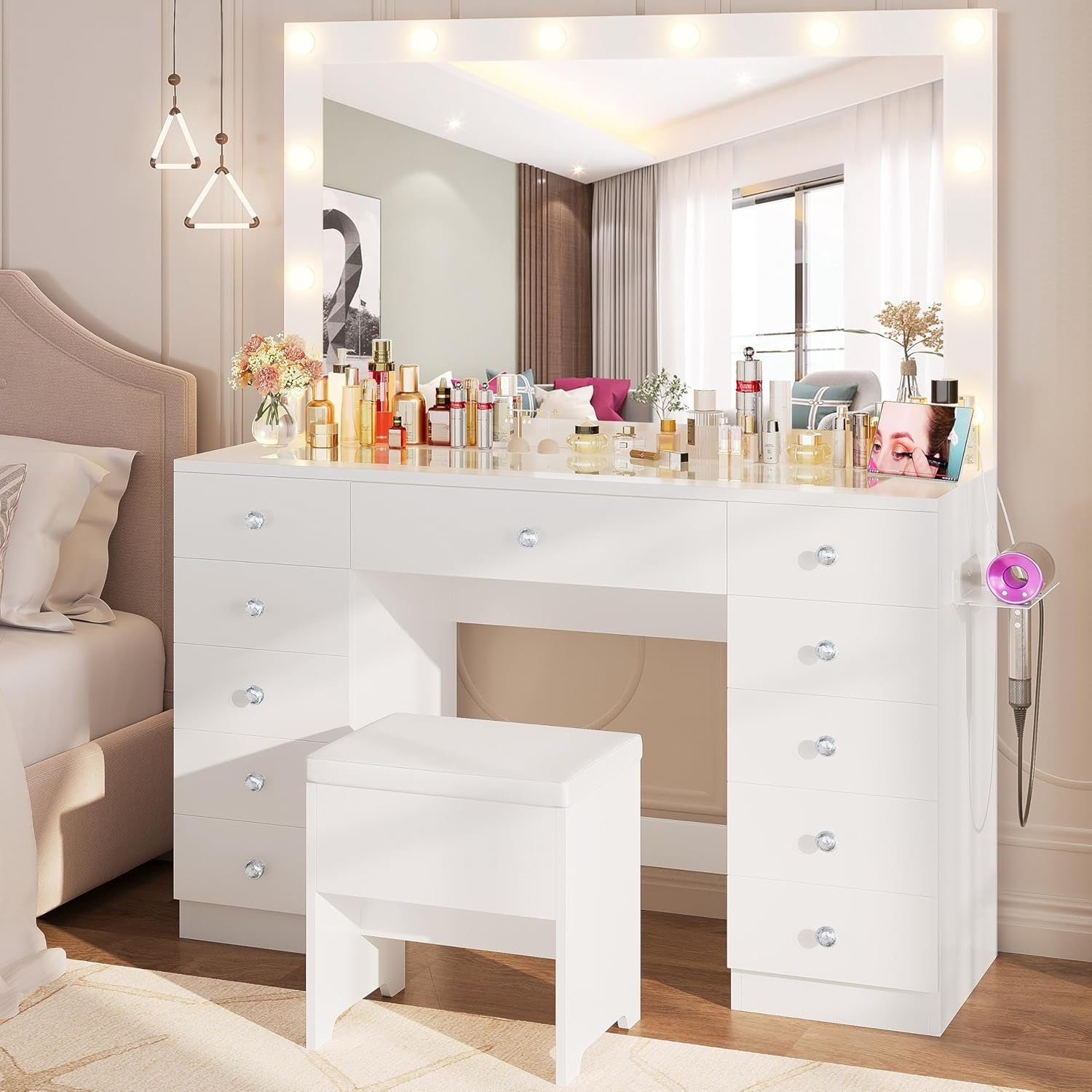 46'' Makeup Vanity Set with LED Mirror & Power Outlet - 11 Drawers, Glass Top, Dressing Table with Storage Bench for Bedroom, 3 Lighting Color Adjustable, White