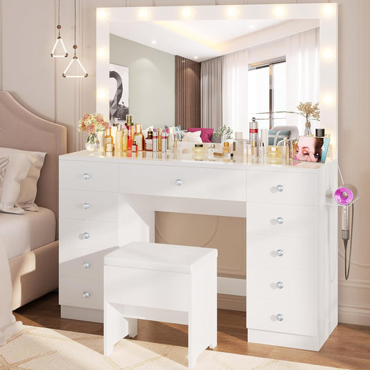 46'' Makeup Vanity Set with LED Mirror & Power Outlet - 11 Drawers, Glass Top, Dressing Table with Storage Bench for Bedroom, 3 Lighting Color Adjustable, White