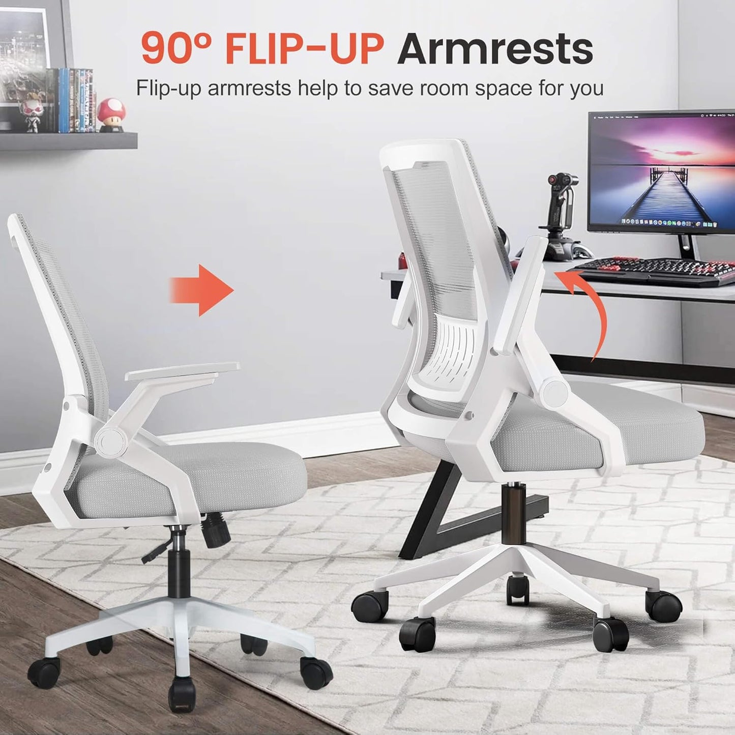 Ergonomic Office Chair with Flip-Up Armrests Executive Computer Chair for Home Office, Breathable Mesh & Adaptive Lumbar Support, Wide Seat Gray